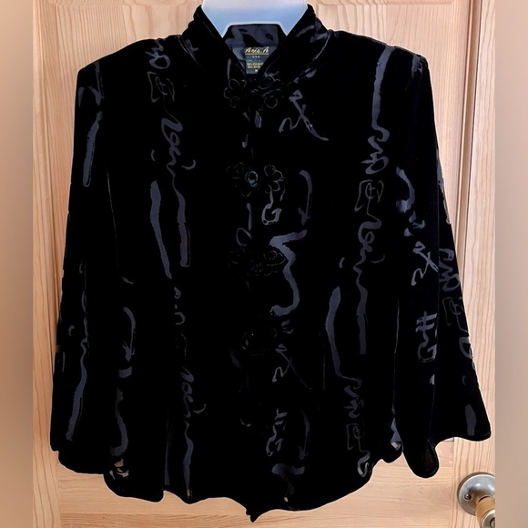 Anio A. Black Velvet Blouse Jacket Asian Inspired Design Mandarin Closure Collar - Picture 1 of 17